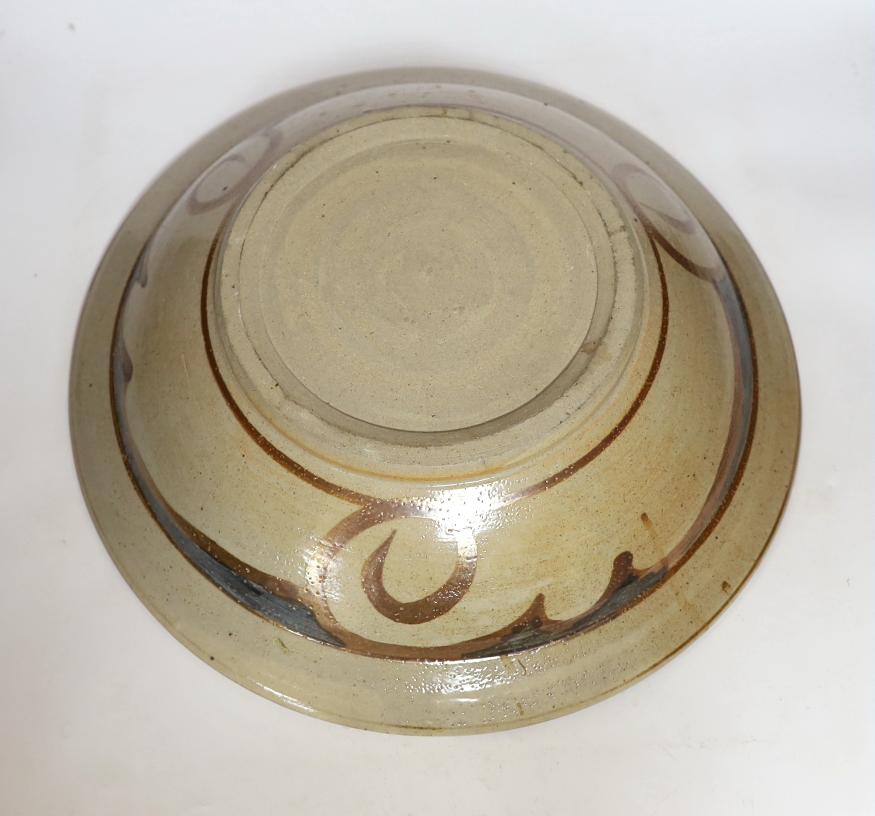 Svend Bayer, (b.1946), a studio pottery stoneware bowl with a stylised bird decoration, 44cm